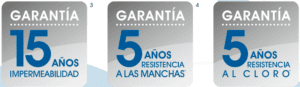 membrana europea con 15 años de garantía de estanqueidad, 5 años de garantía contra decoloración y 5 años contra manchas 